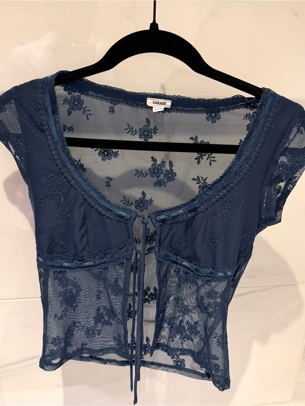 Garage Lace Mesh Floral Blue Top Shirt Tie Front Scoop Neck Size XS Women’s